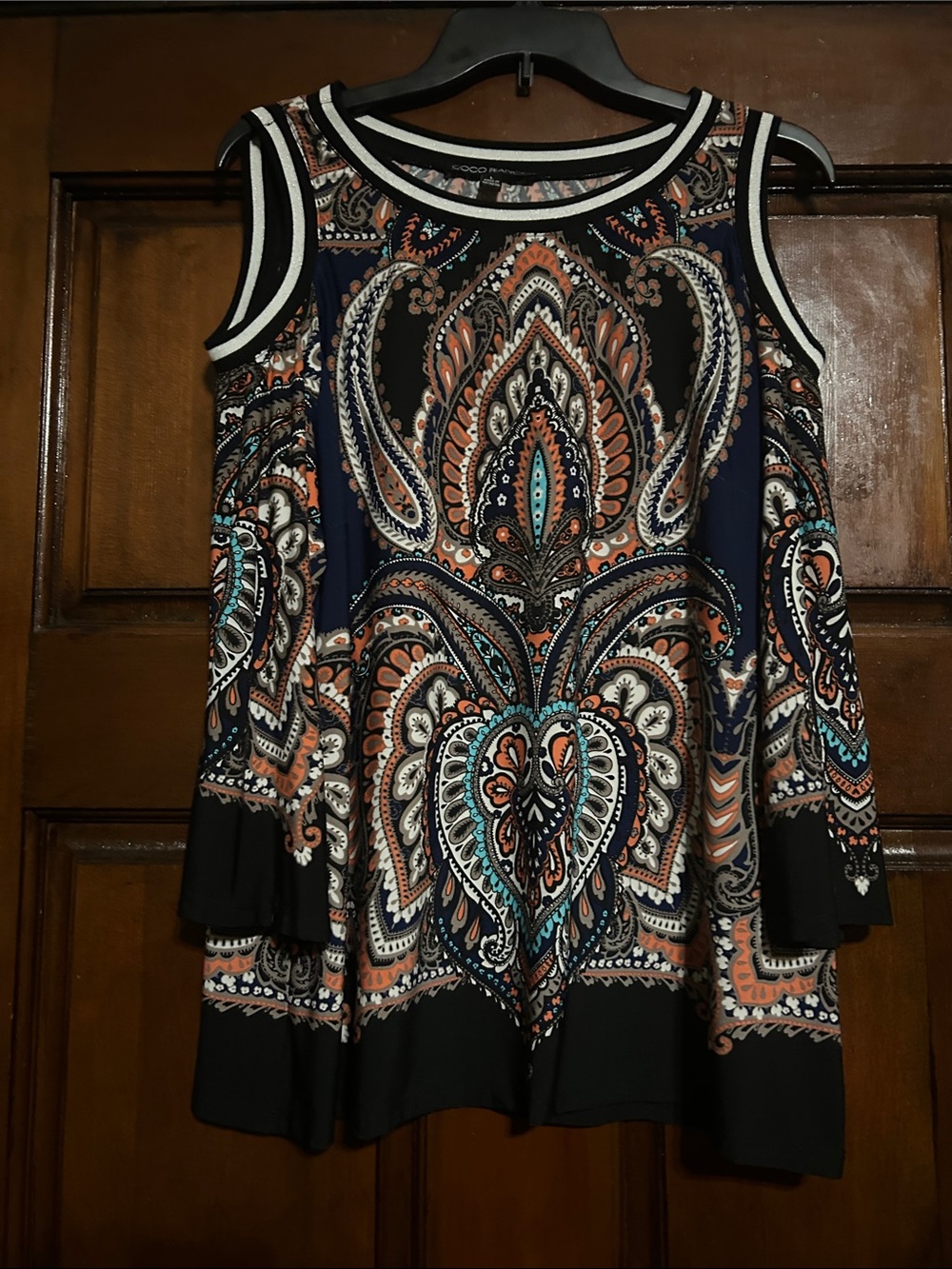 Coco Bianco Long Sleeve Paisley Print Dress in Black, Navy & Coral